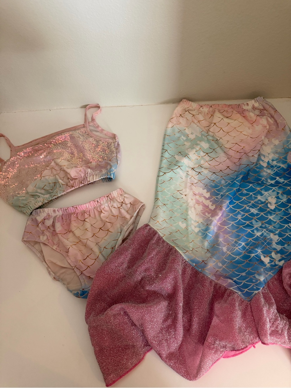 Girls' Mermaid Bikini Set with Sparkle Tail Skirt - Pink & Blue
